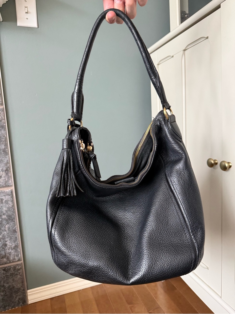 J. Crew Black Pebbled Leather Hobo Tote with Tassel